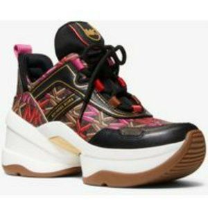 New Michael Kors Women's Olympia Sig Semi Lux Trainer Sneakers Brown Multi